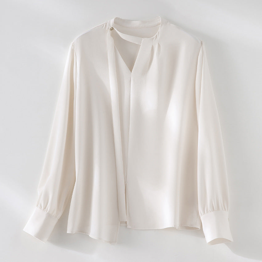 Damen elegante oversized Bluse mit asymmetrischem V-Ausschnitt und Manschetten Nord Taschen