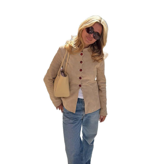 Damen Taillierter Wildleder-Blazer mit Stehkragen und Zierknöpfen Nord Taschen