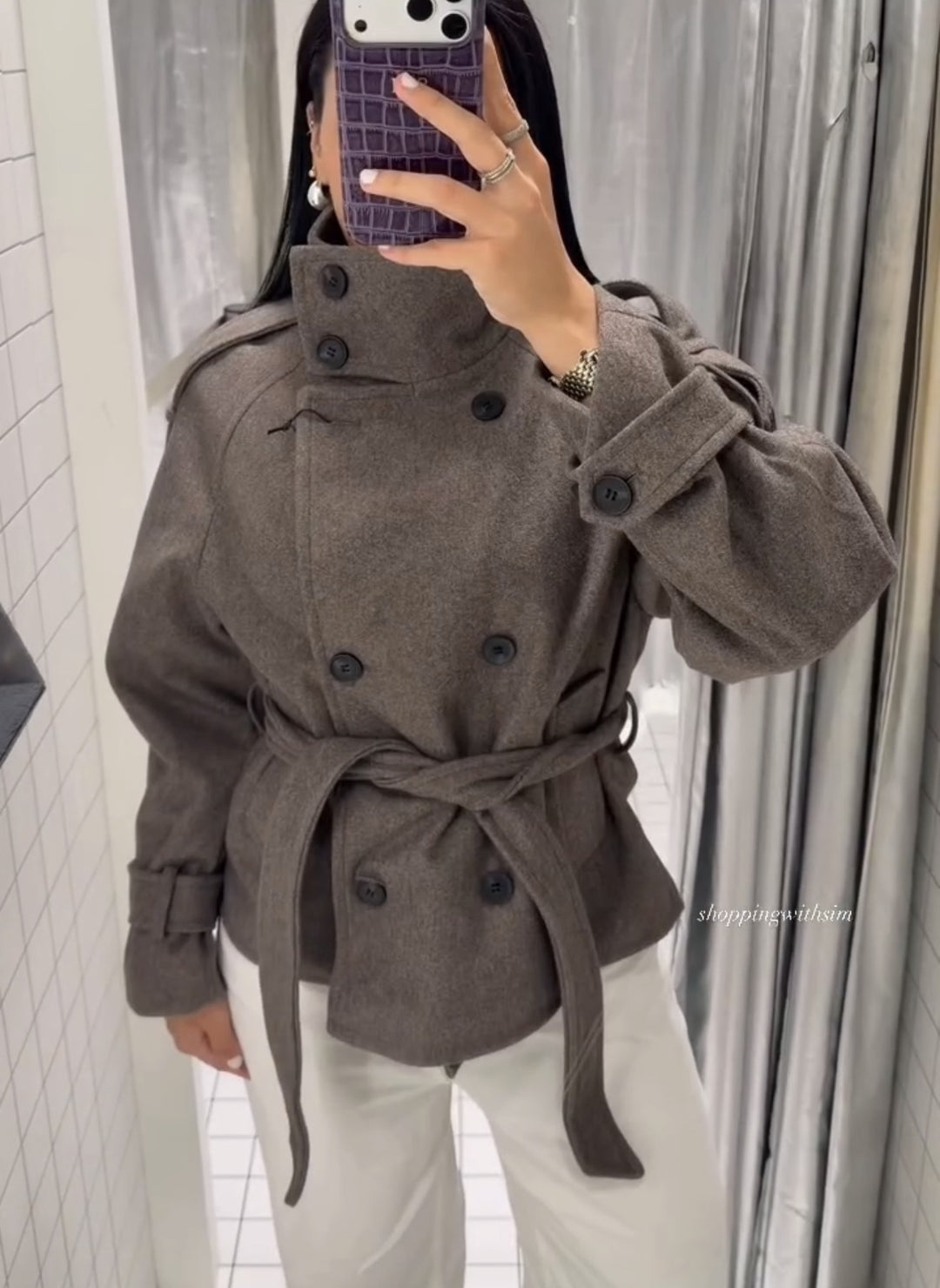 Damen Kurzblouson‑Trenchcoat aus Wollmix mit hohem Stehkragen und Bindegürtel Nord Taschen