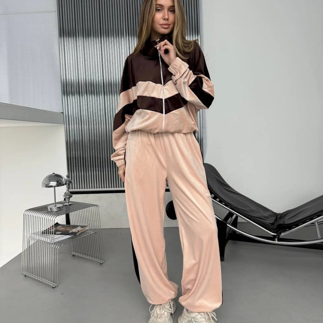 Damen Retro-inspiriertes Samt-Trackset mit Chevron-Design, Stehkragen und weiter High-Waist-Jogger Nord Taschen