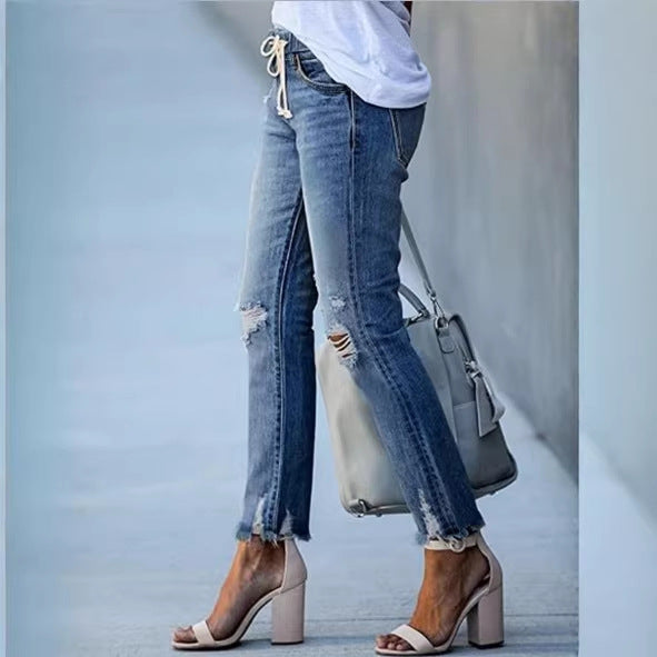 Damen Cropped-Denim-Jeans mit Tunnelzugbund, Destroyed-Kniepartien und rohem Saum Nord Taschen