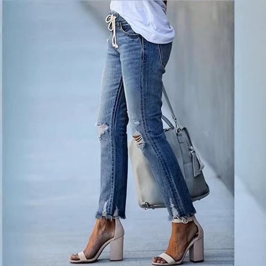 Damen Cropped-Denim-Jeans mit Tunnelzugbund, Destroyed-Kniepartien und rohem Saum Nord Taschen