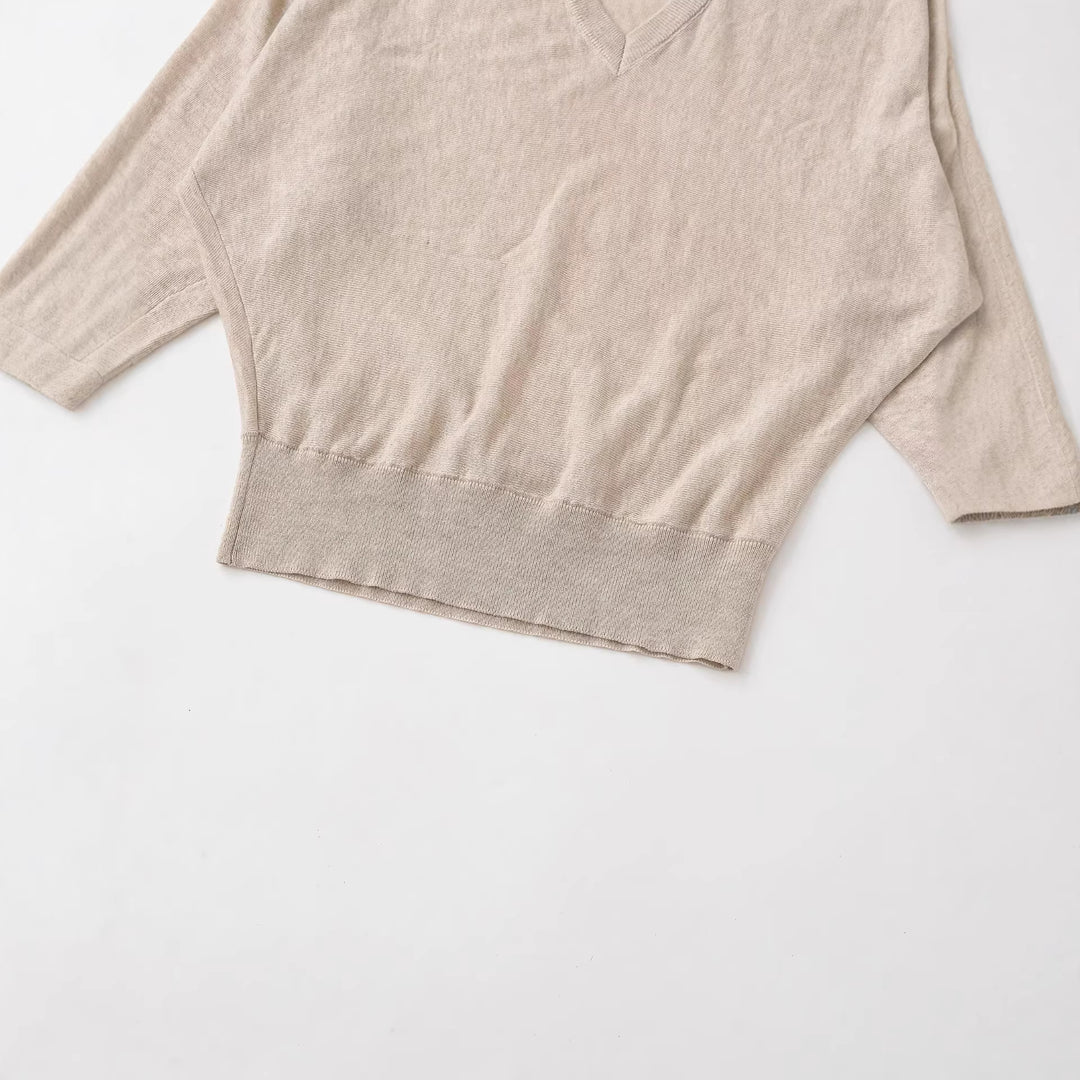 Damen Oversized V-Ausschnitt Feinstrickpullover mit Fledermausärmeln Nord Taschen