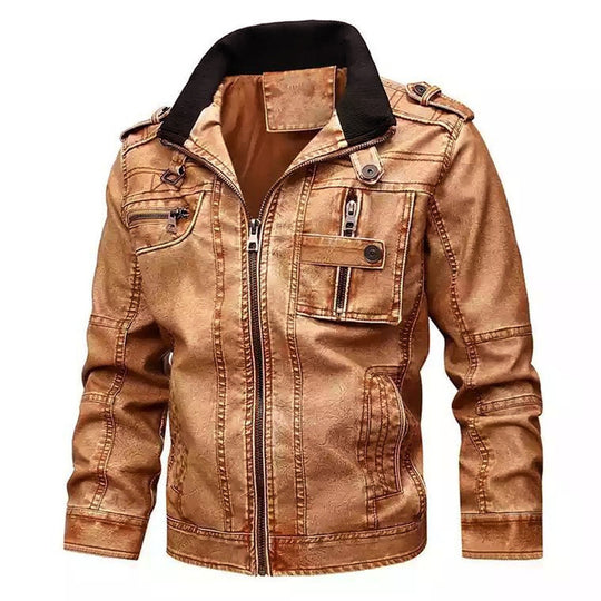 Herren Bikerjacke aus Kunstleder mit Stehkragen, markanten Ziernähten und Mehrfach-Taschendetails Nord Taschen
