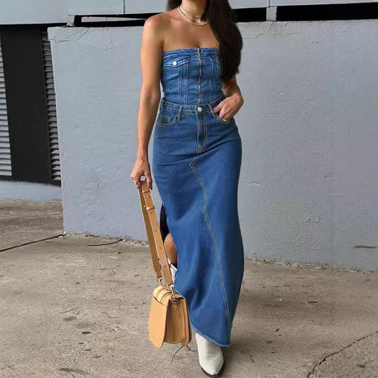 Damen High-Waist Maxirock aus Denim mit frontaler Ziernaht und seitlichem Beinschlitz Nord Taschen