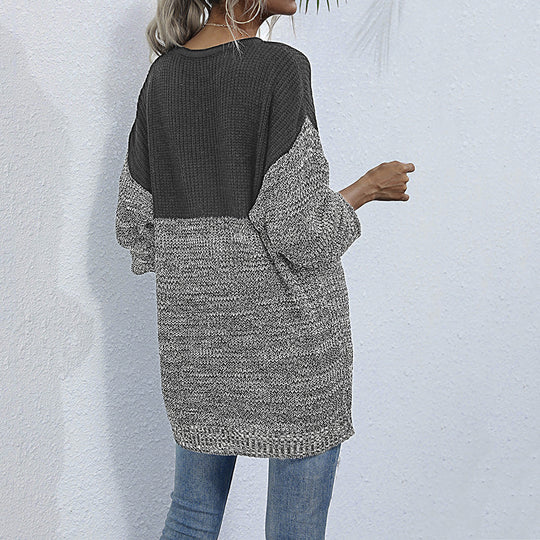 Damen Oversize Strickpullover mit Colorblock-Optik, rundem Ausschnitt und melierter Strukturstrick Nord Taschen