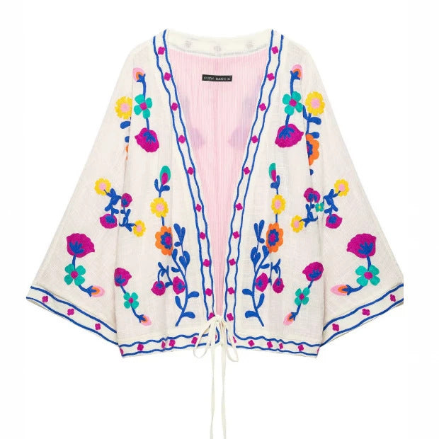 Damen Bestickter leichter Kimono-Cardigan mit floralem Motiv und Bindeband Nord Taschen