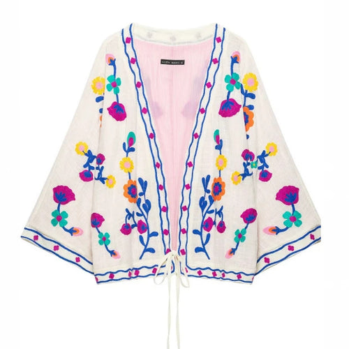 Damen Bestickter leichter Kimono-Cardigan mit floralem Motiv und Bindeband Nord Taschen
