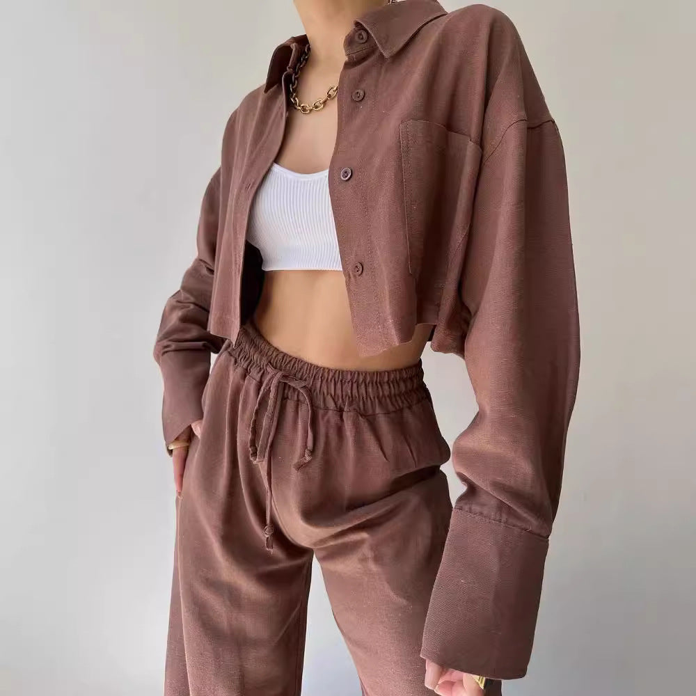 Damen Leinenoptik-Loungewear-Set mit Cropped-Overshirt und High-Waist-Tunnelzughose Nord Taschen