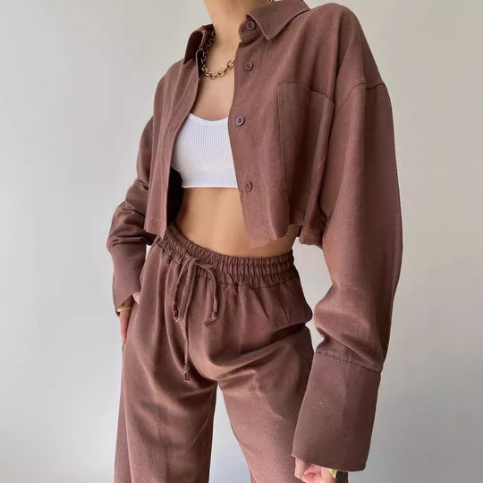 Damen Leinenoptik-Loungewear-Set mit Cropped-Overshirt und High-Waist-Tunnelzughose Nord Taschen