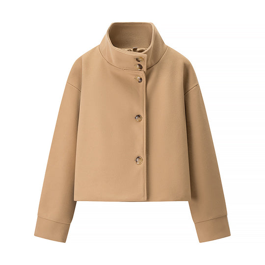 Damen 100+ kurz geschnittene Wollmix‑Boxyjacke mit Stehkragen und verdeckter Knopfleiste Nord Taschen