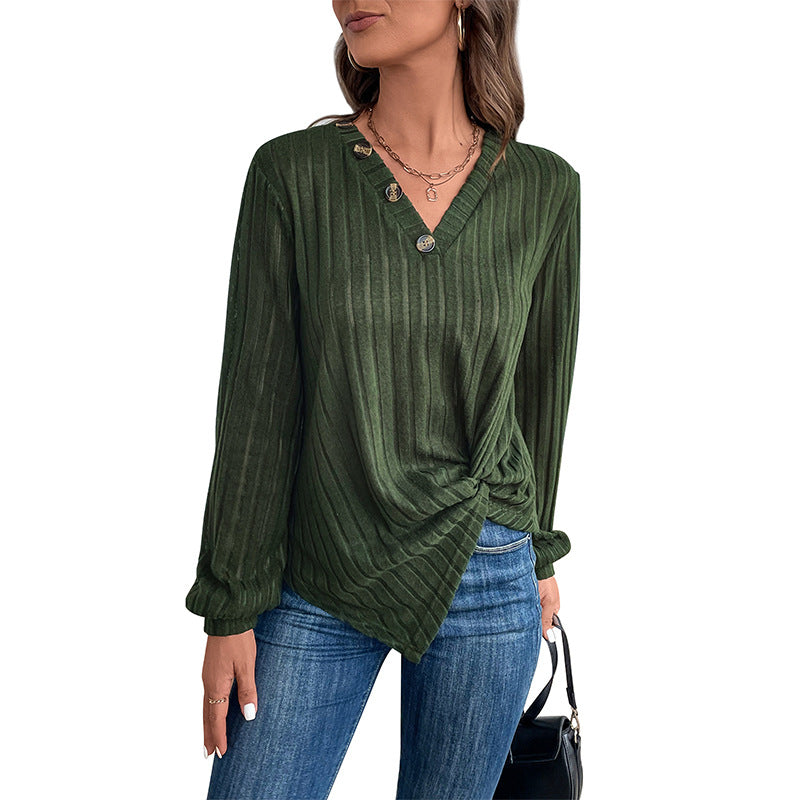 Damen Tailliertes Rippstrick-Longsleeve mit V‑Ausschnitt, Knopfleiste und Twist‑Knoten Nord Taschen