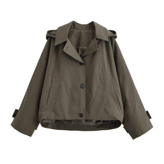 Damen Kurze Oversize-Trenchjacke mit Umlegekragen und Schulterklappen Nord Taschen