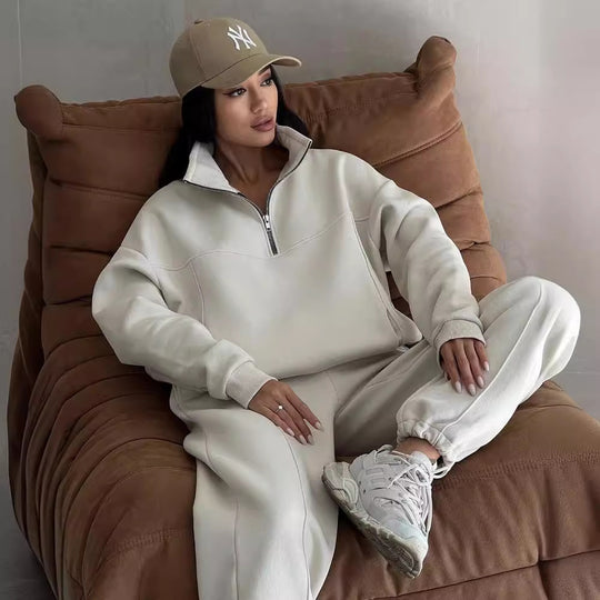 Damen Weiches Oversized Lounge-Set mit Troyer-Kragen, Eingrifftaschen und schmeichelhafter High-Waist Hose Nord Taschen