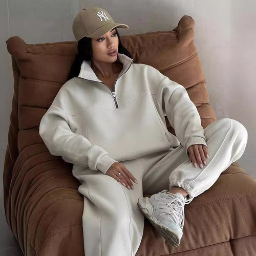 Damen Weiches Oversized Lounge-Set mit Troyer-Kragen, Eingrifftaschen und schmeichelhafter High-Waist Hose Nord Taschen