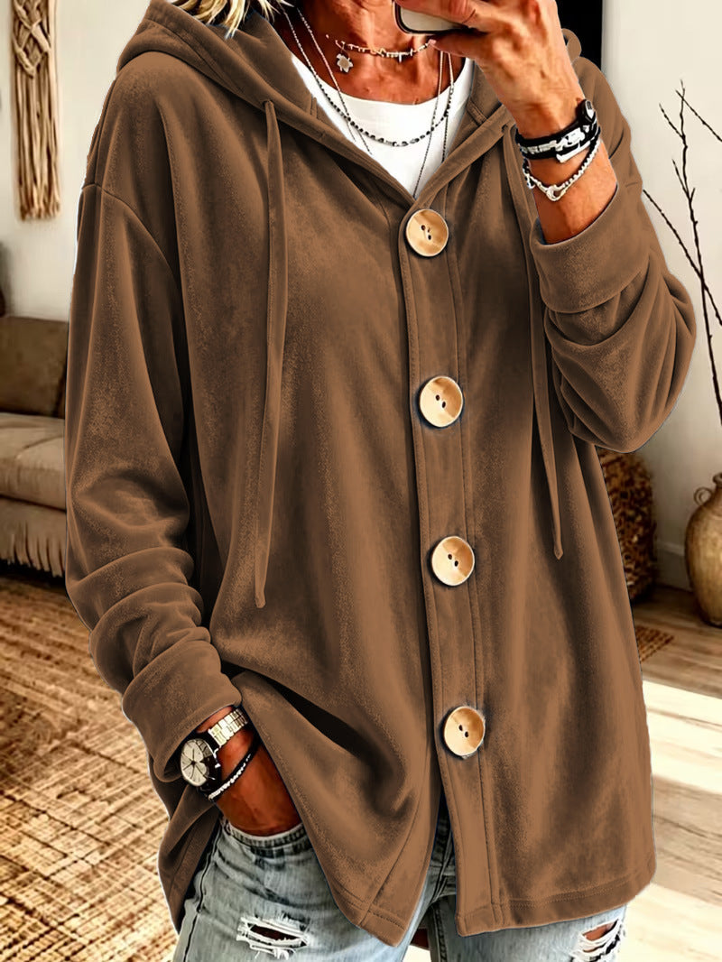 Damen Oversize Kapuzen-Samtjacke mit großen Holzknöpfen und weichem Veloursfutter Nord Taschen