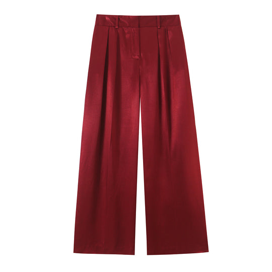 Damen Hochtaillierte Satin-Hose mit weitem Bein und Bundfalten Nord Taschen