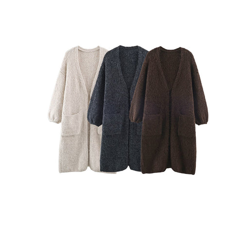 Damen Oversize Strickmantel mit V‑Ausschnitt, kuscheliger Bouclé‑Optik und aufgesetzten Taschen Nord Taschen