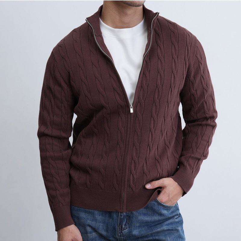 Herren Feiner Zopfmuster-Halbzip-Cardigan mit Rippkragen und silbernem Reißverschluss Nord Taschen