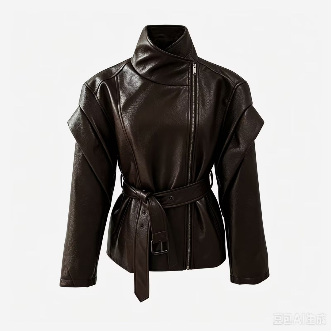 Damen Taillierte Kunstlederjacke mit hohem Stehkragen, asymmetrischem Reißverschluss und Bindegürtel Nord Taschen