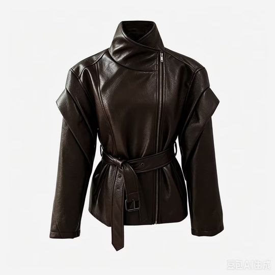 Damen Taillierte Kunstlederjacke mit hohem Stehkragen, asymmetrischem Reißverschluss und Bindegürtel Nord Taschen