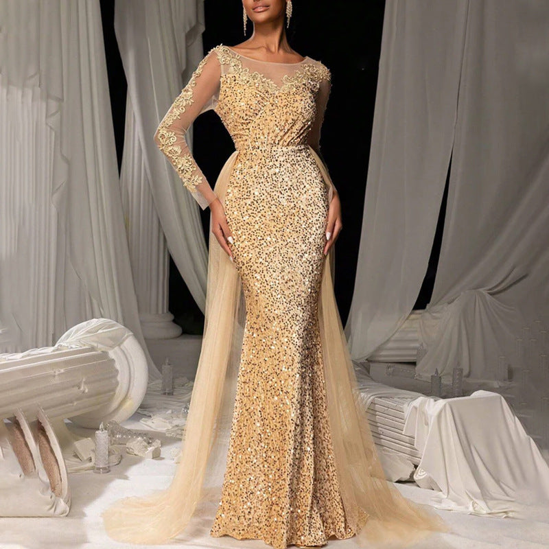 Damen Glamouröses Abendkleid mit schimmerndem Spitzenoberteil und fließendem Tüllumhang Avellé