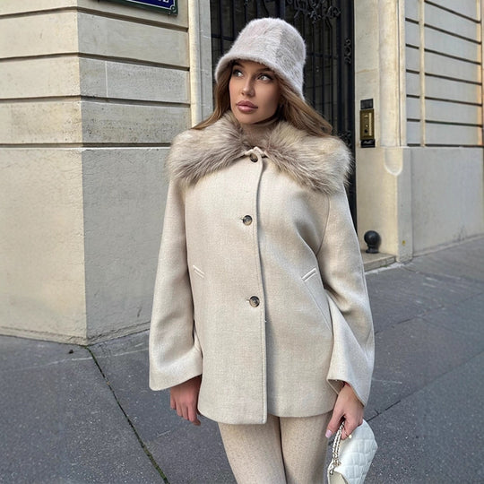 Damen Kurzmantel mit Webpelz-Schalkragen & kastiger Oversize-Silhouette Nord Taschen