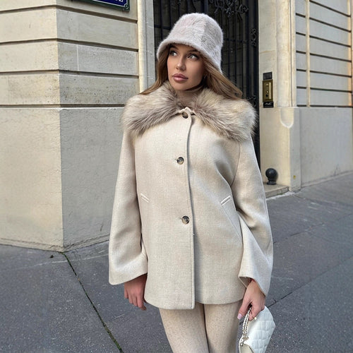 Damen Kurzmantel mit Webpelz-Schalkragen & kastiger Oversize-Silhouette Nord Taschen