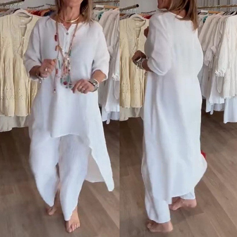 Damen Midilanges Leinen-Tunika-Set mit asymmetrischem Saum und weiter Palazzo-Hose Nord Taschen