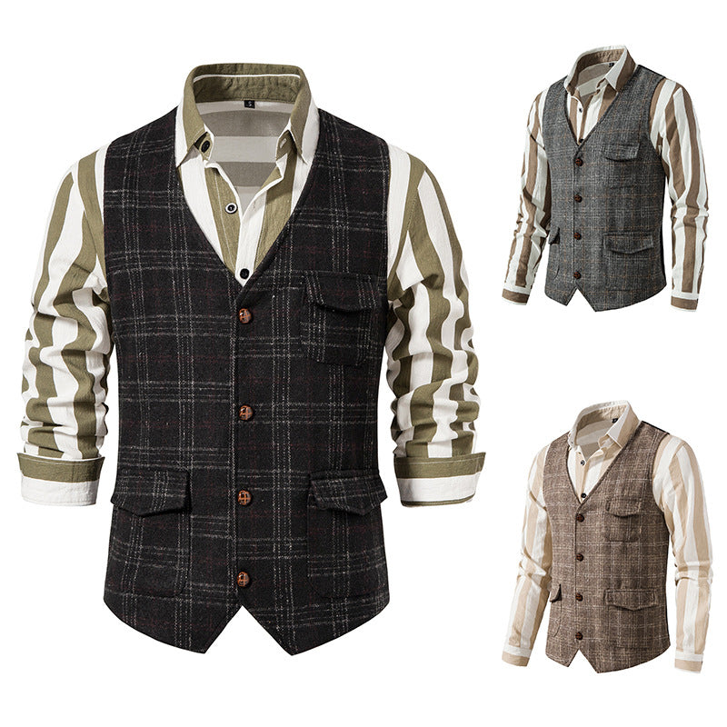 Herren kariertes Wollmix Gilet mit Brusttasche und aufgesetzten Seitentaschen Nord Taschen