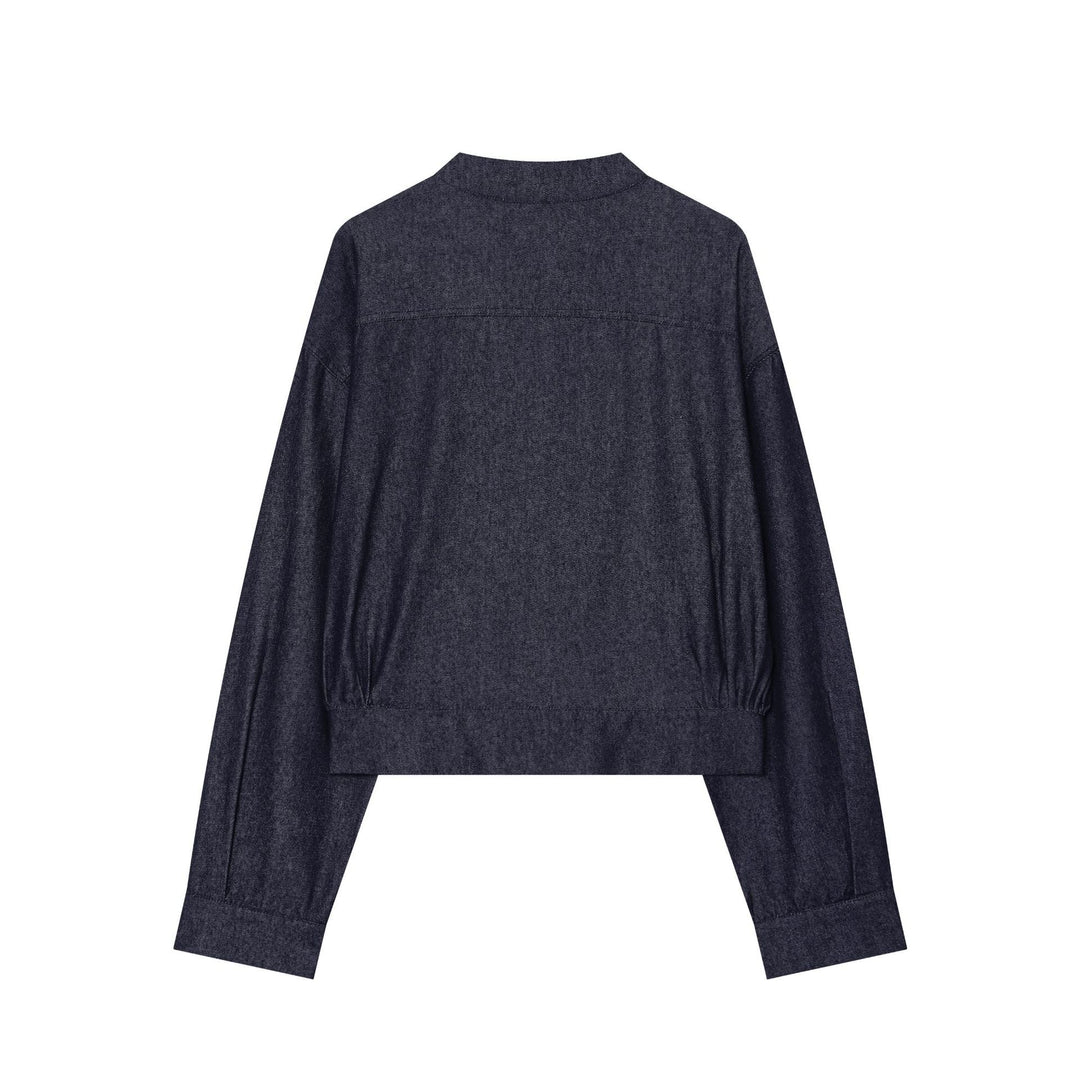 Damen Cropped Jeansjacke mit Stehkragen und chinesischen Knebelverschlüssen Nord Taschen