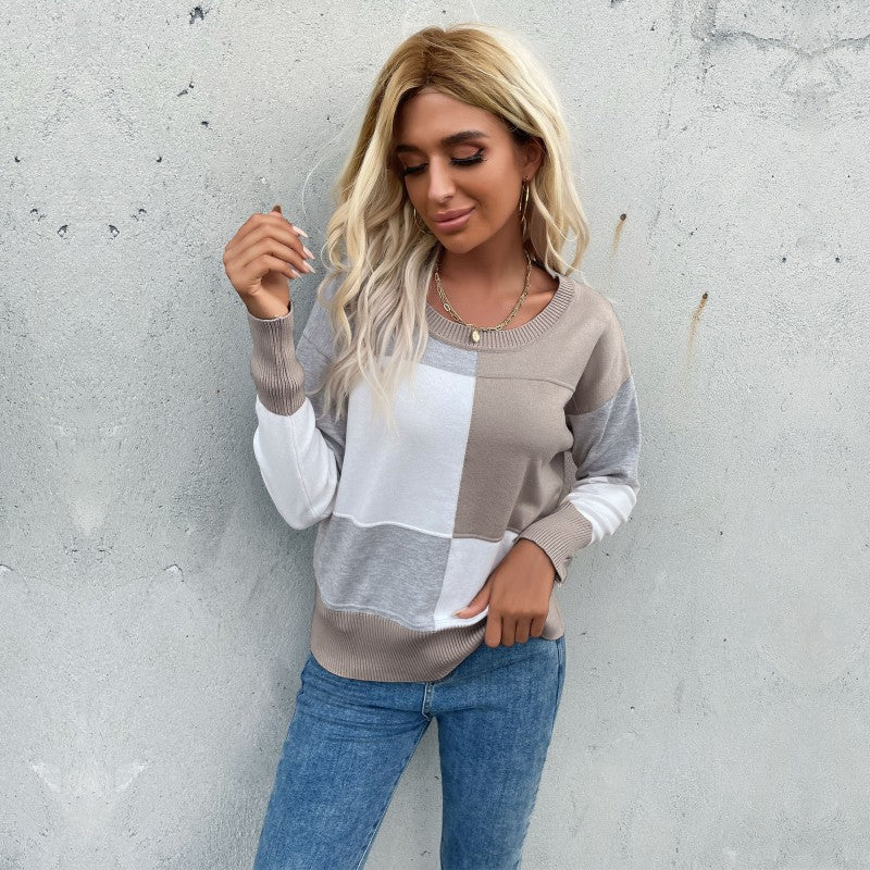 Damen Legerer Feinstrick-Pullover im Blockkaro mit geripptem Saum und lässiger Passform Nord Taschen