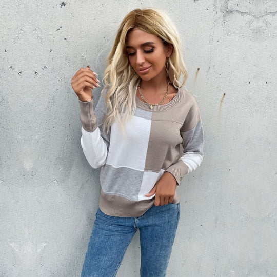 Damen Legerer Feinstrick-Pullover im Blockkaro mit geripptem Saum und lässiger Passform Nord Taschen