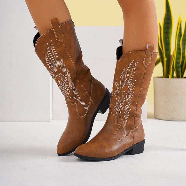 Damen nan Cowgirl-Kniehoher Stiefel mit dekorativer Stickerei, Pull‑Tabs und komfortablem Blockabsatz Nord Taschen