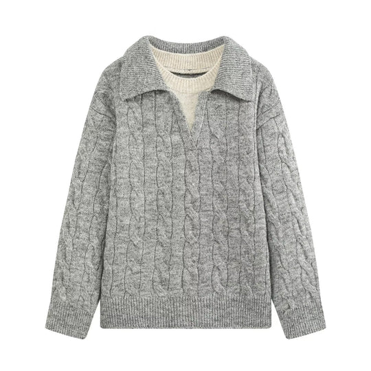 Damen Grobgestrickter Oversize-Pullover mit Polokragen und Zopfmuster Nord Taschen