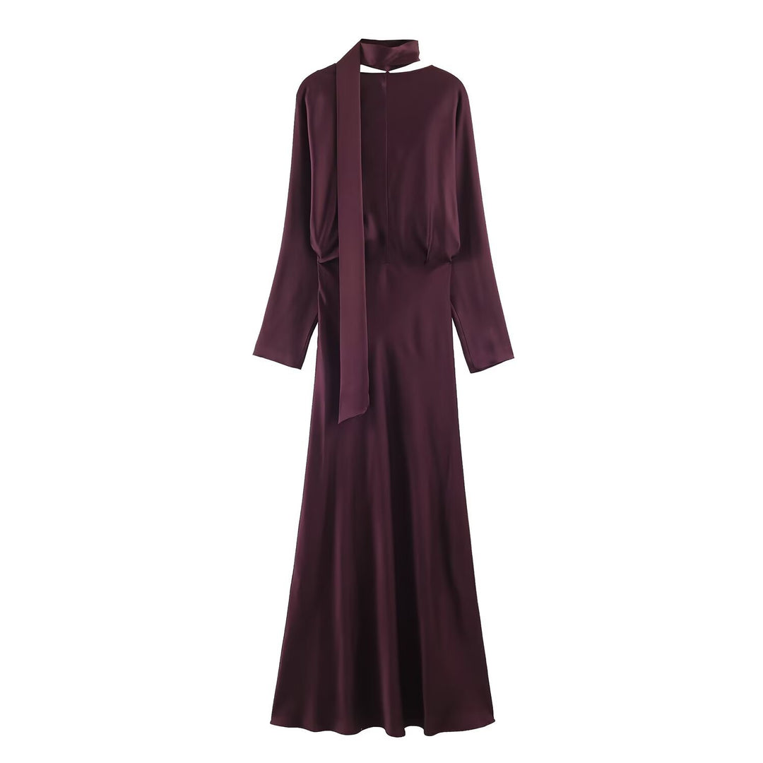 Damen Midikleid aus Satin mit tiefem V-Ausschnitt, langen Ärmeln und Schalkragen Nord Taschen