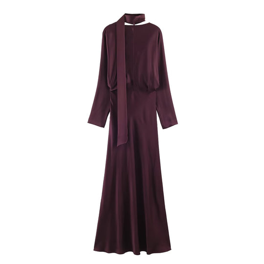 Damen Midikleid aus Satin mit tiefem V-Ausschnitt, langen Ärmeln und Schalkragen Nord Taschen