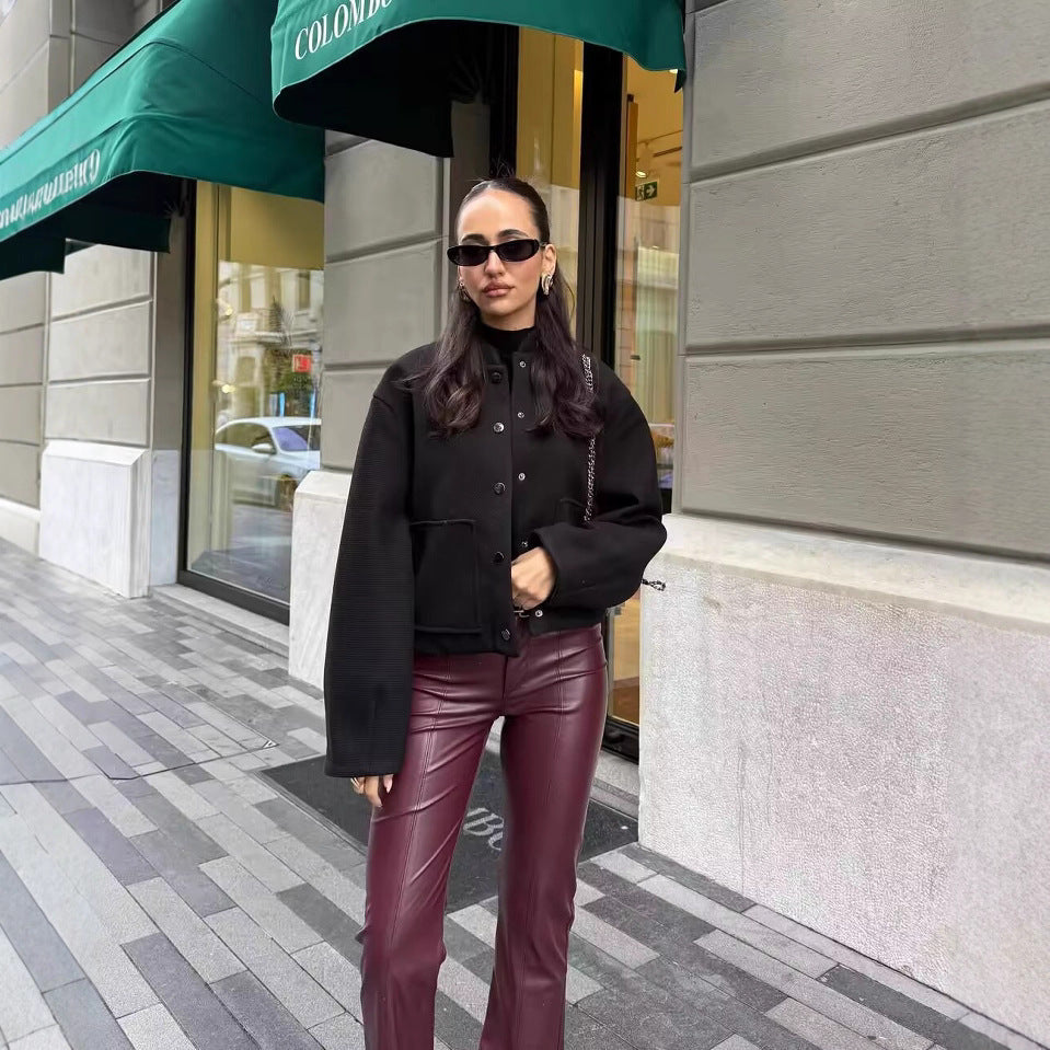 Damen Cropped Wollmix‑Jacke im Boxy‑Schnitt mit Stehkragen und aufgesetzten Taschen Nord Taschen