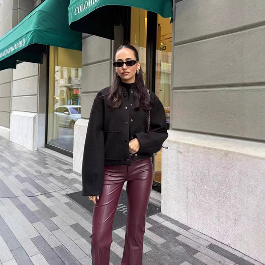 Damen Cropped Wollmix‑Jacke im Boxy‑Schnitt mit Stehkragen und aufgesetzten Taschen Nord Taschen