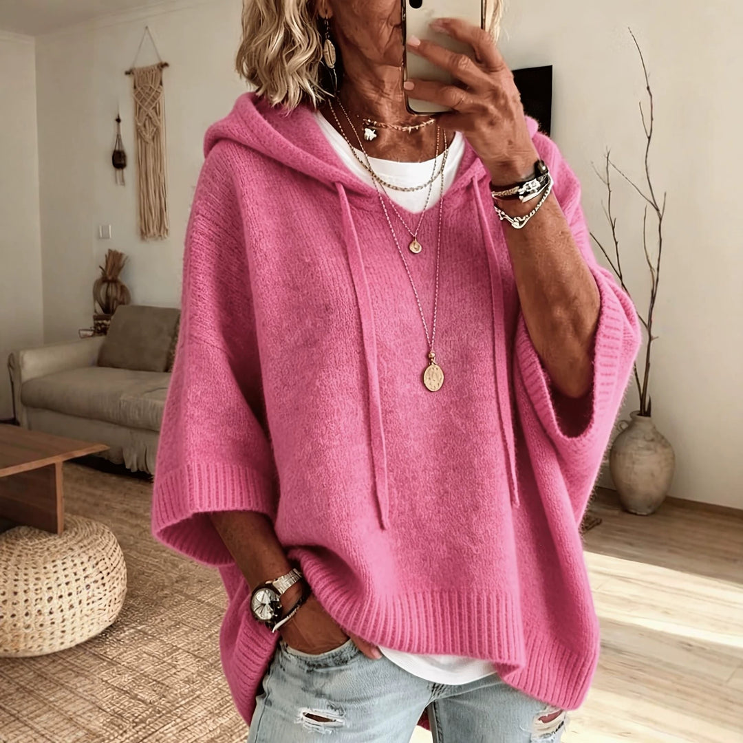 Damen Oversize Strick-Poncho mit Kapuze, Fledermausärmeln und Seitenschlitzen Nord Taschen