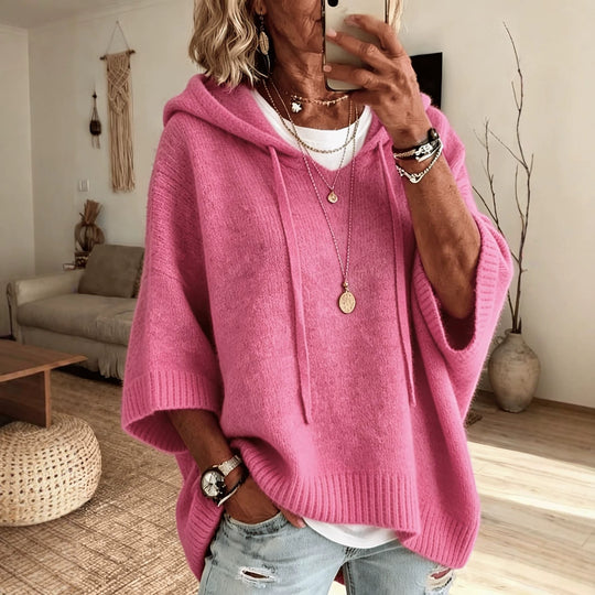 Damen Oversize Strick-Poncho mit Kapuze, Fledermausärmeln und Seitenschlitzen Nord Taschen