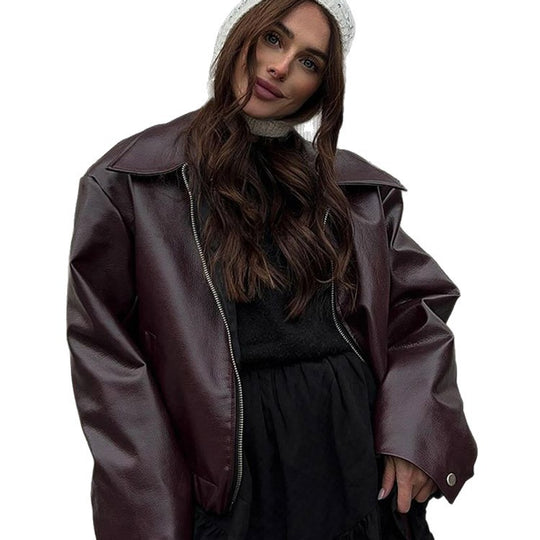 Damen Kurze Oversized Lederimitat-Flightjacke mit markantem Revers und Druckknopf-Manschetten Nord Taschen