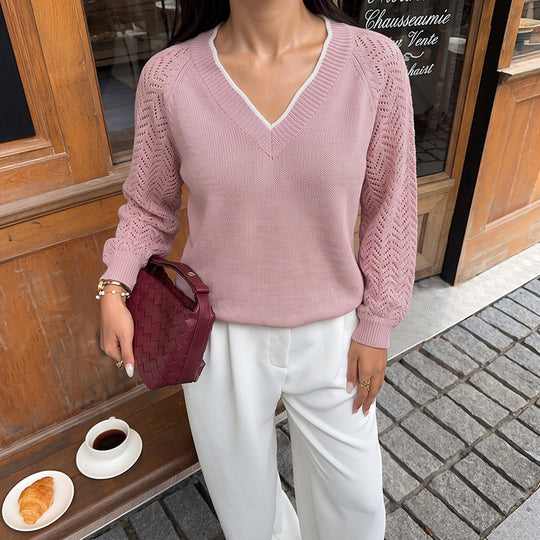 Damen Eleganter Pullover mit Lochmuster und V-Ausschnitt Nord Taschen