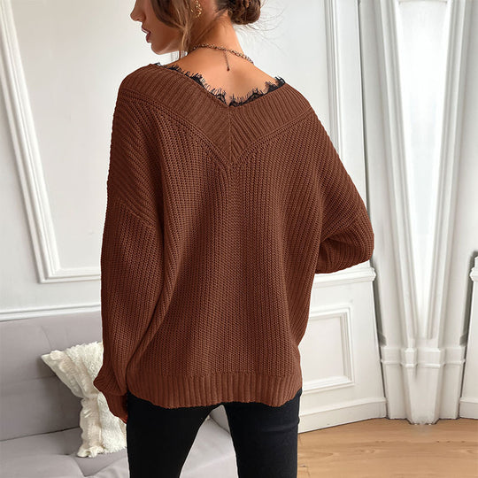 Damen Oversize V-Ausschnitt Strukturstrick-Pullover mit überschnittener Schulter und lockerer Silhouette Nord Taschen