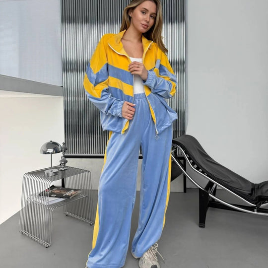 Damen Retro-inspiriertes Samt-Trackset mit Chevron-Design, Stehkragen und weiter High-Waist-Jogger Nord Taschen