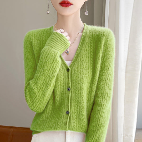 Damen Kurzer Zopfmuster-Cardigan im Mohair-Look mit V‑Ausschnitt und gerippten Bündchen Nord Taschen