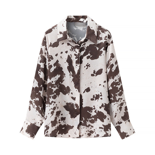 Damen Oversize-Hemdbluse mit Kuhflecken-Print, verdeckter Knopfleiste und weitem Schnitt Nord Taschen