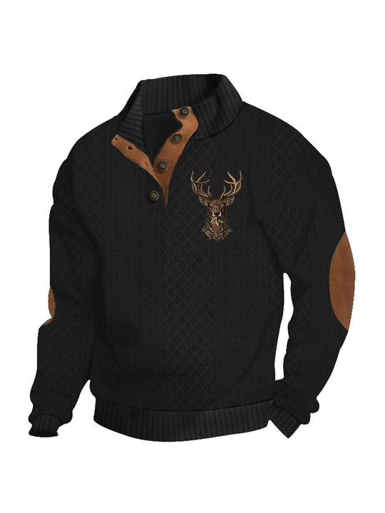 Herren nan Heritage-Strukturpullover mit Stehkragen Lederimitat-Besatz Ellenbogen-Patches und Halbknopfleiste