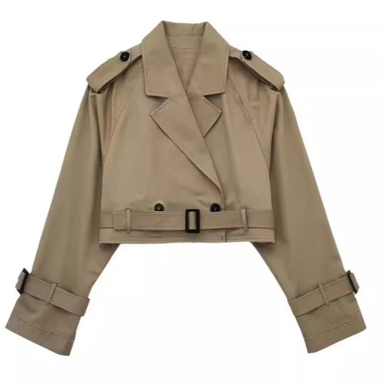 Damen Gekürzte Trenchjacke mit Taillengürtel, Schulterklappen und verstellbaren Ärmelriemen Nord Taschen