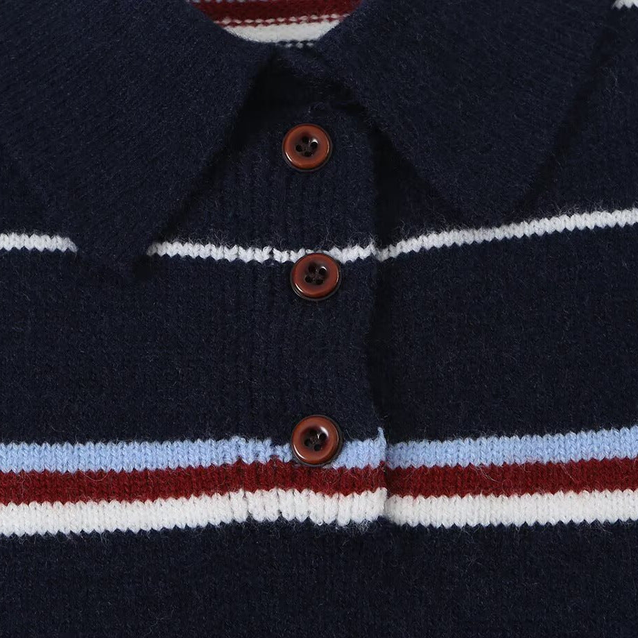 Damen Gestreifter Strickpolopullover mit kurzer Knopfleiste und Rippbündchen Nord Taschen